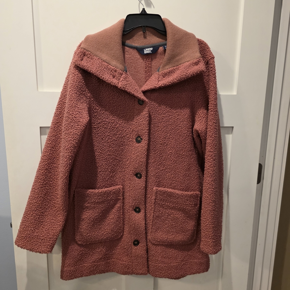 Lands' End Womens Pink Cozy Boucle Rib Knit High Collar Buttons Up Coat M Teddy